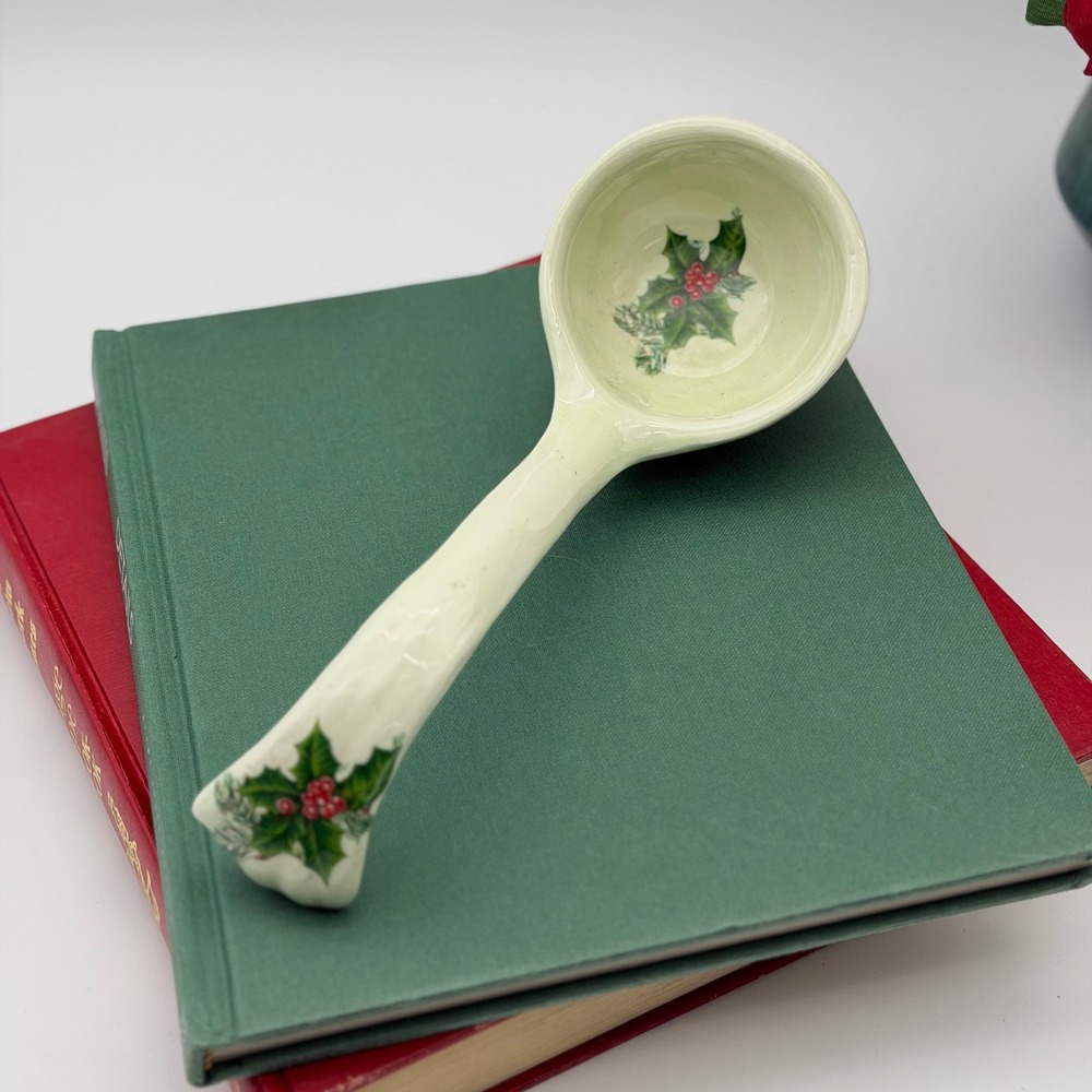 Vintage Christmas Holly Ceramic Ladle Serving Spoon Red Berries Pine